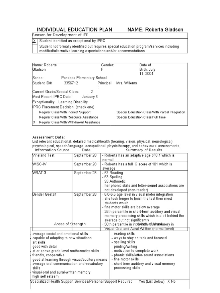 IEP for Roberta Gladson: Learning Disability | PDF | Special Education ...