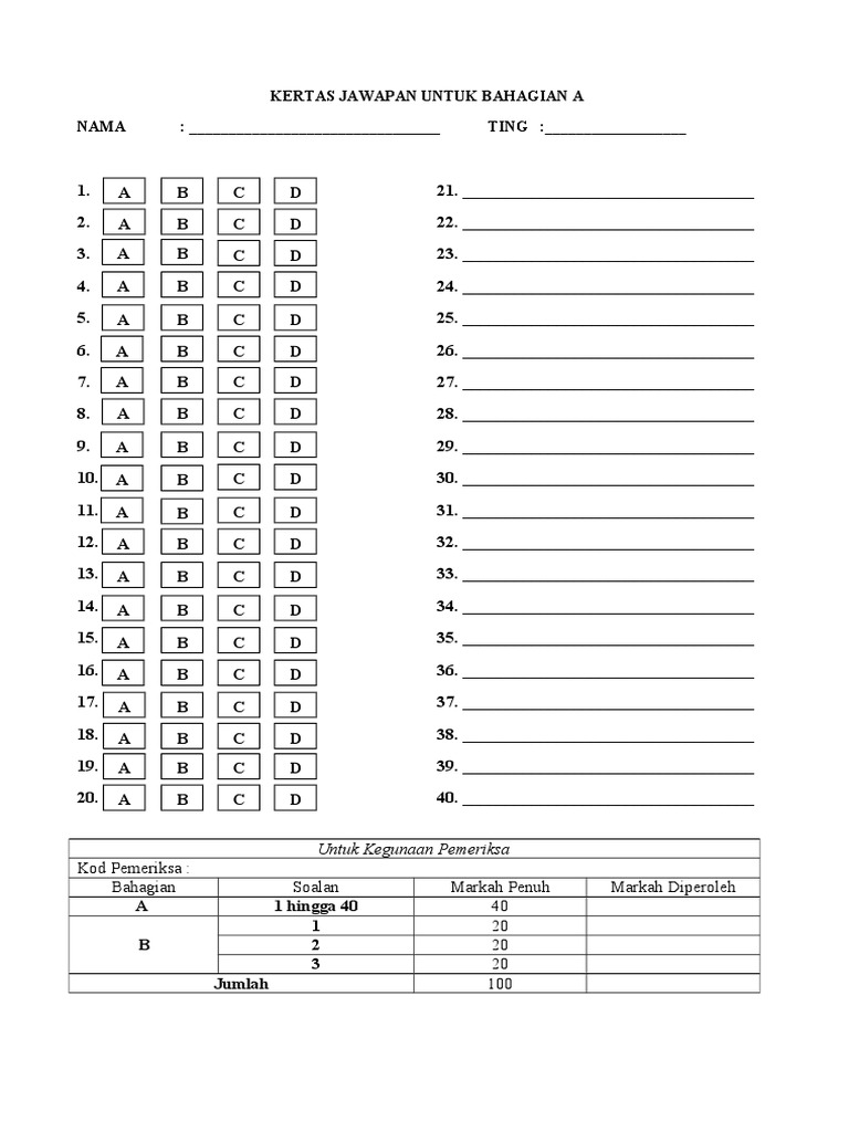 kertas jawapan bahagian A pendidikan islam SPM