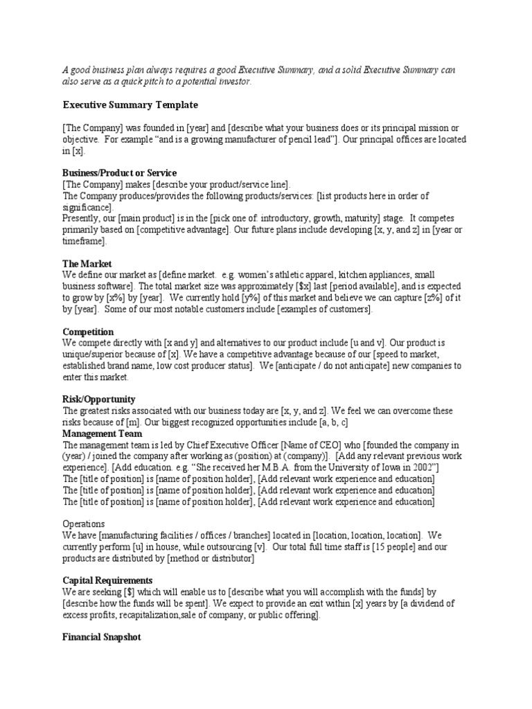 Executive Summary Template | PDF | Business Plan | Investing