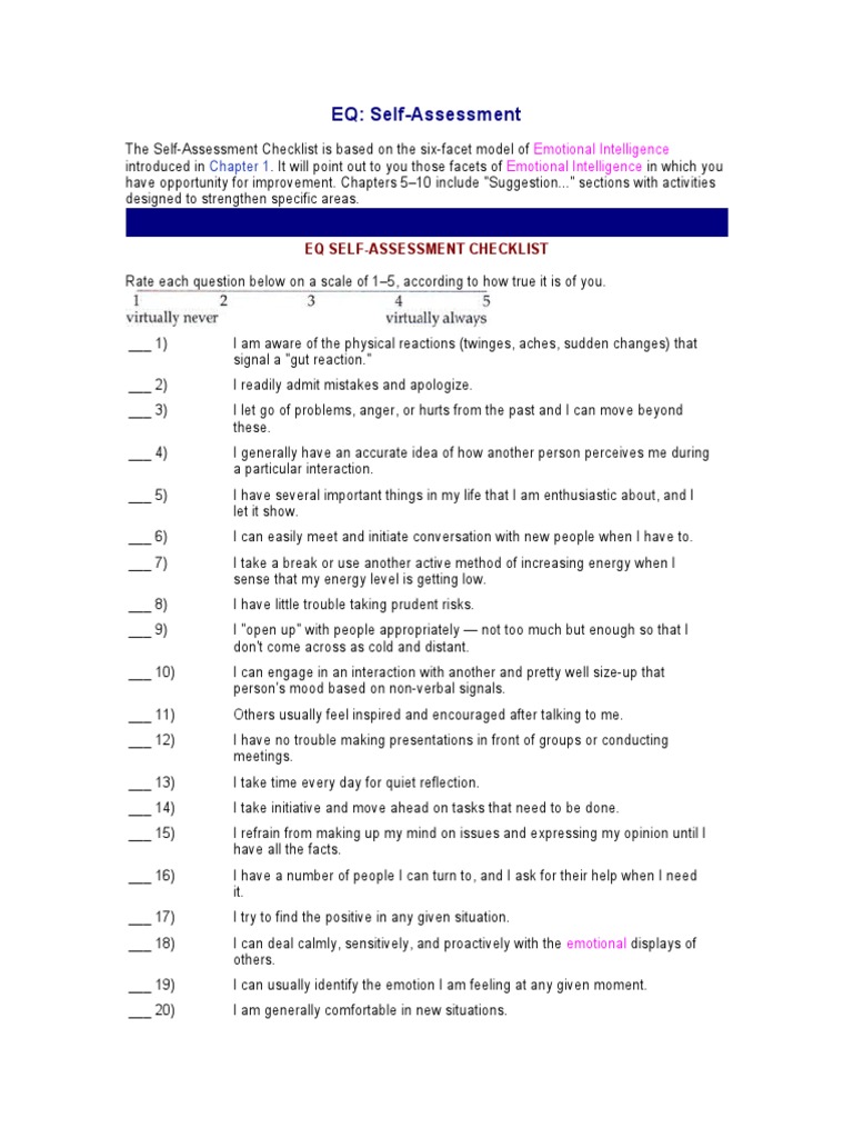 Emotional Intelligence Eq Assessment | PDF | Emotions | Metaphysics Of Mind for Free Printable Emotional Intelligence Test