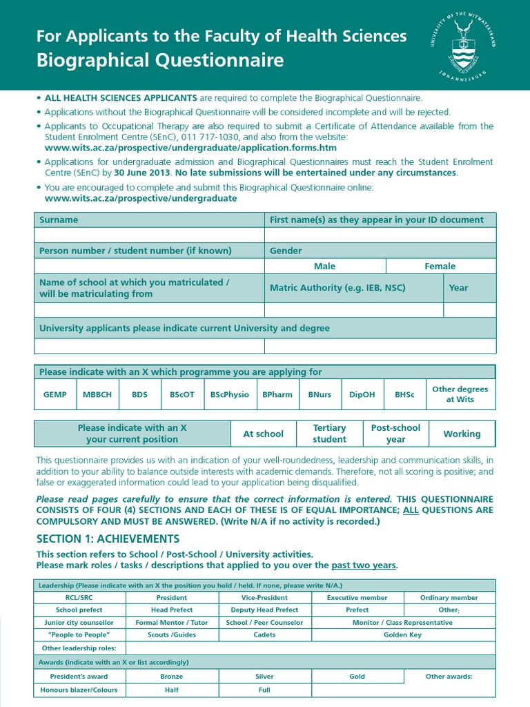 Biographical Questionnaire for Health Sciences | PDF | University And ...