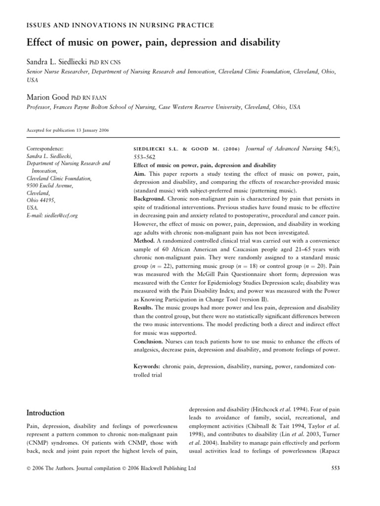 Effect of Music On Power, Pain, Depression and Disability | PDF