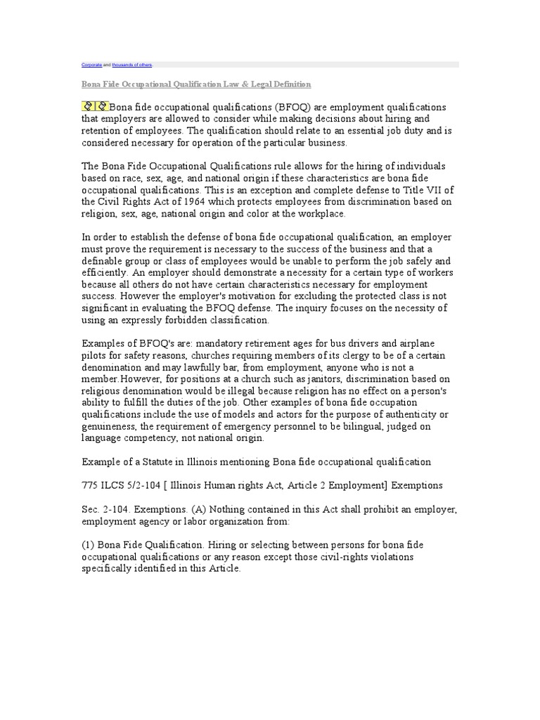 Understanding Bona Fide Occupational Qualifications (BFOQ) Law | PDF ...