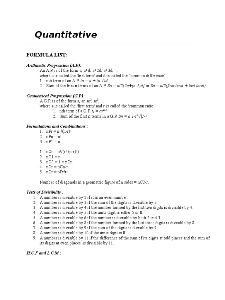 Formulas Quantitive Aptitutude | PDF | Teaching Methods & Materials ...