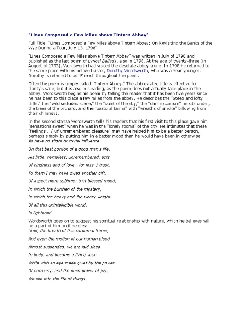 "Lines Composed A Few Miles Above Tintern Abbey" Dorothy Wordsworth