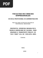 Tesís, PROPUESTA GERENCIAL BASADA EN EL MODELO AMERICANO DE CALIDAD, PARA MEJORAR EL TRANSPORTE PUBLICO DE "SOL Y MAR" S.R.L DE CHICLAYO, 2009.