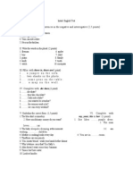 Initial English Test questions rewritten in the negative and interrogative forms, plurals, verbs completed with does/do, underlined correct forms, and completed with possessive adjectives