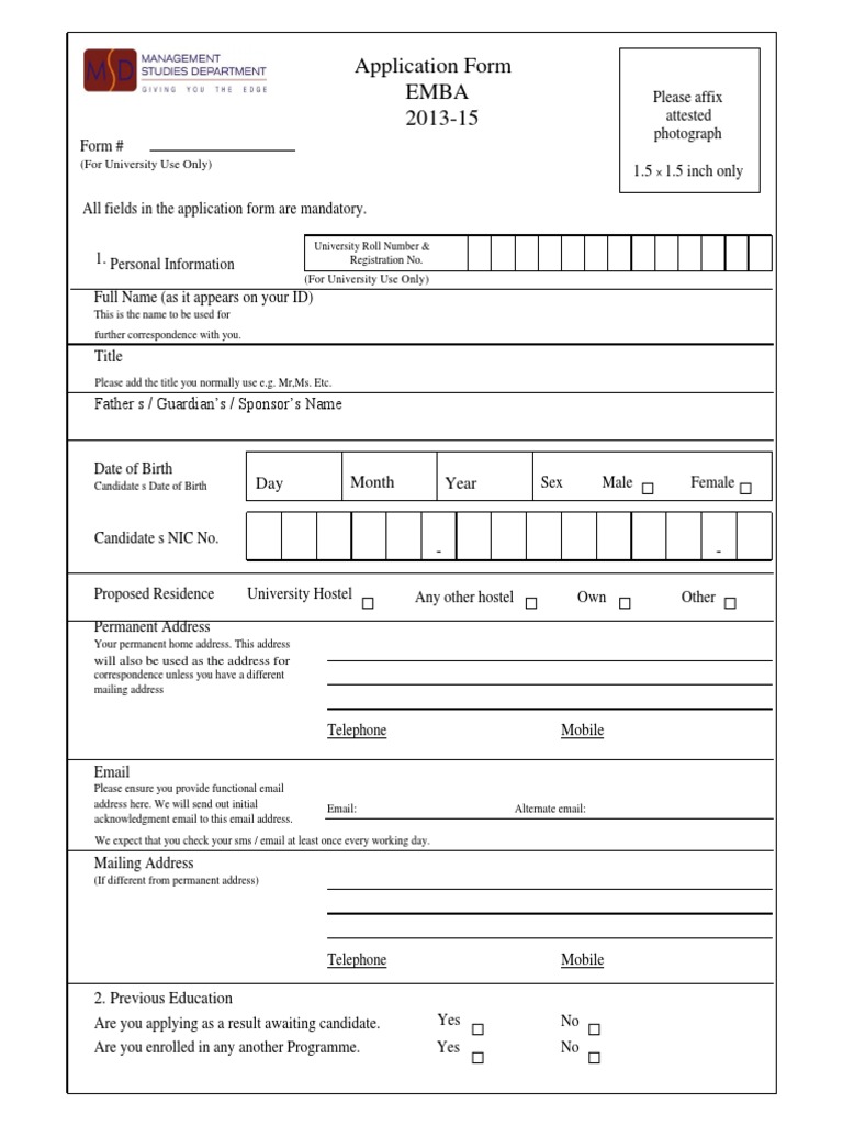 EMBA Application Form MSD 13-15.pdf | University And College Admission ...