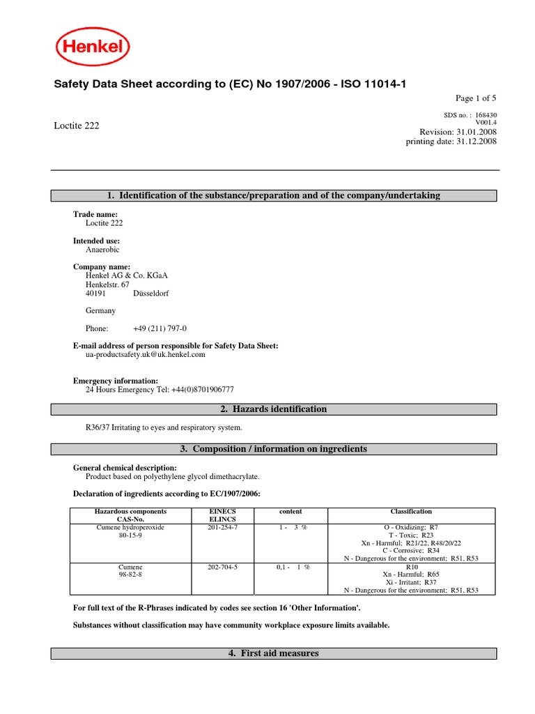 Safety Data Sheet for Loctite 222 Anaerobic Adhesive PDF Solvent Toxicity