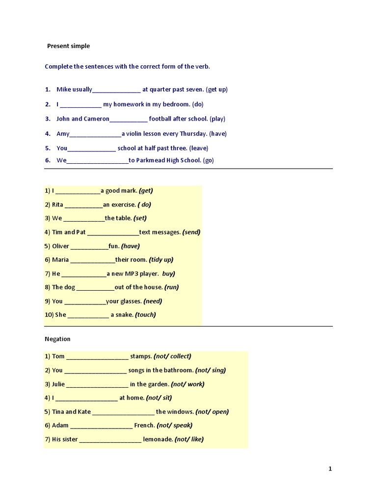 Complete The Sentences With The Correct Form of The Verb.: Present ...