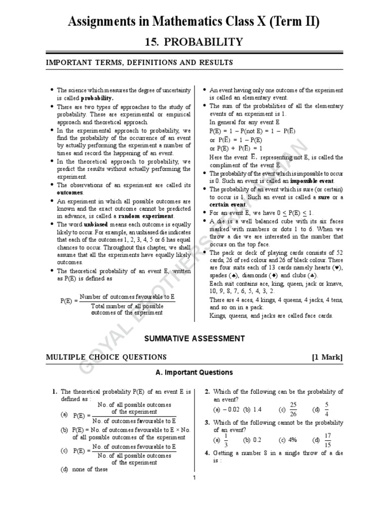Goyal Brother Assignment For Class 10 PDF Probability Randomness