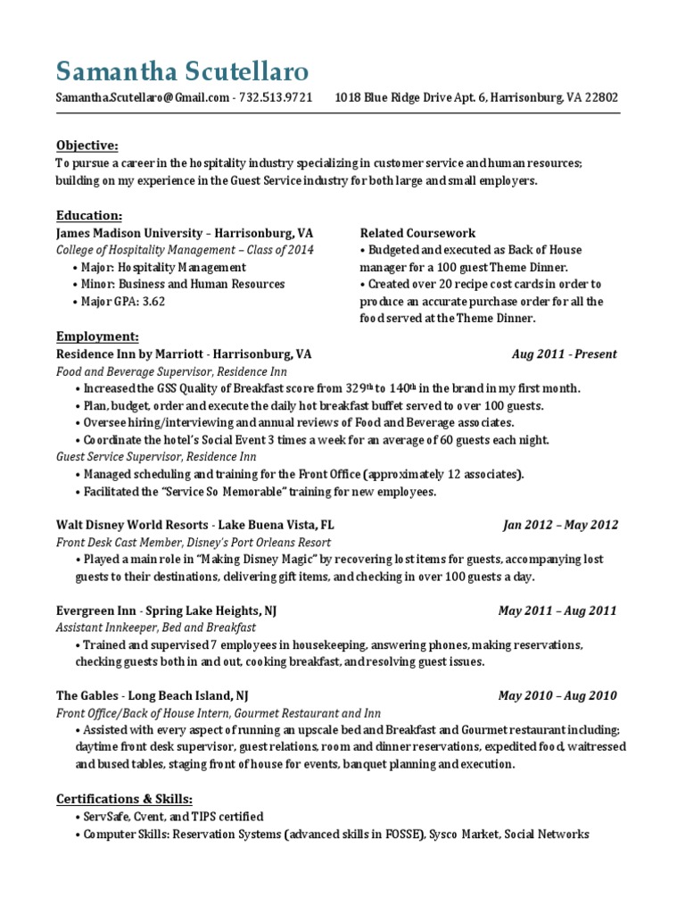 Marriott International Resume PDF Hotel And Accommodation Business