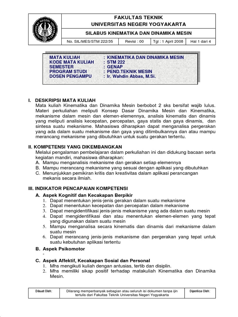 Silabus Kinematika Dan Dinamika Mesin