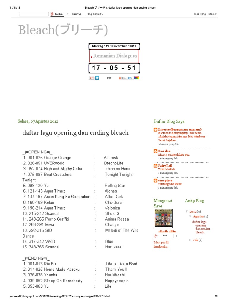 Bleach ブリーチ Daftar Lagu Opening Dan Ending Bleach
