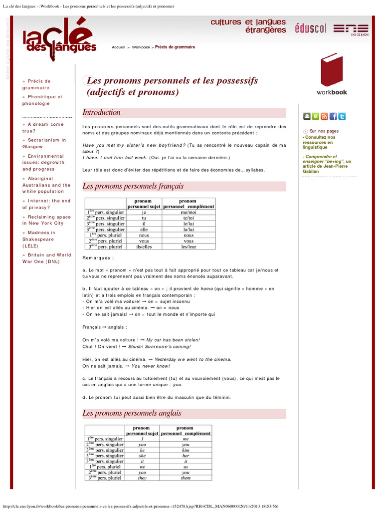 La Clé Des Langues - Workbook - Les Pronoms Personnels Et Les ...