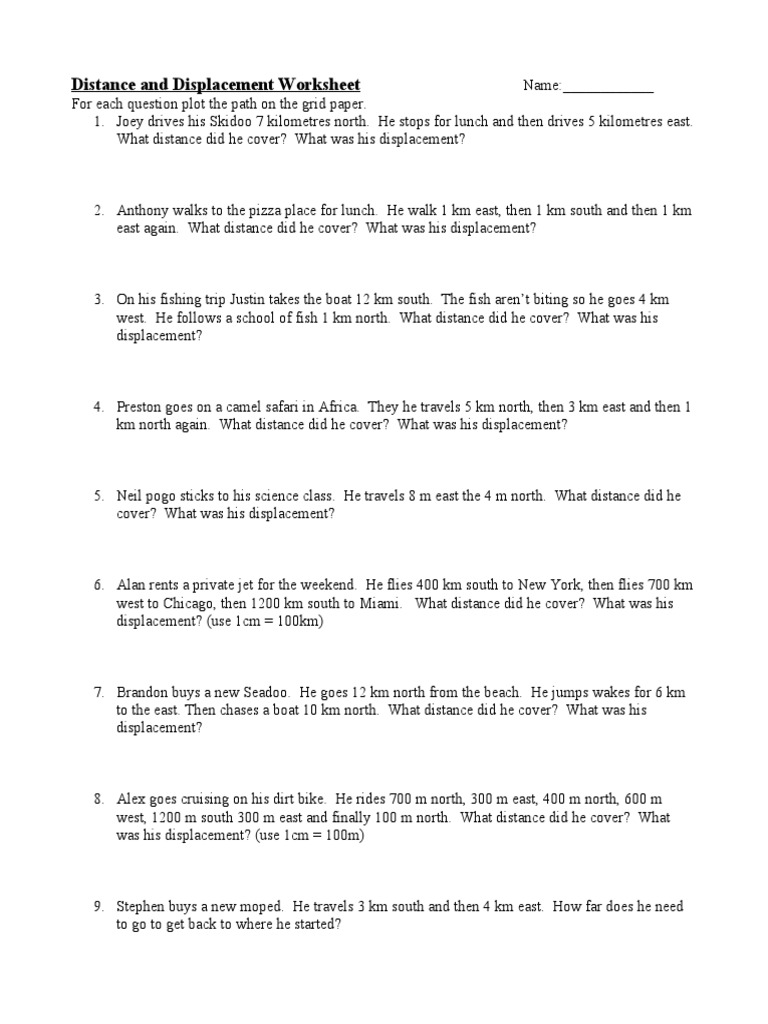 Distance and Displacement Worksheet 1 | PDF