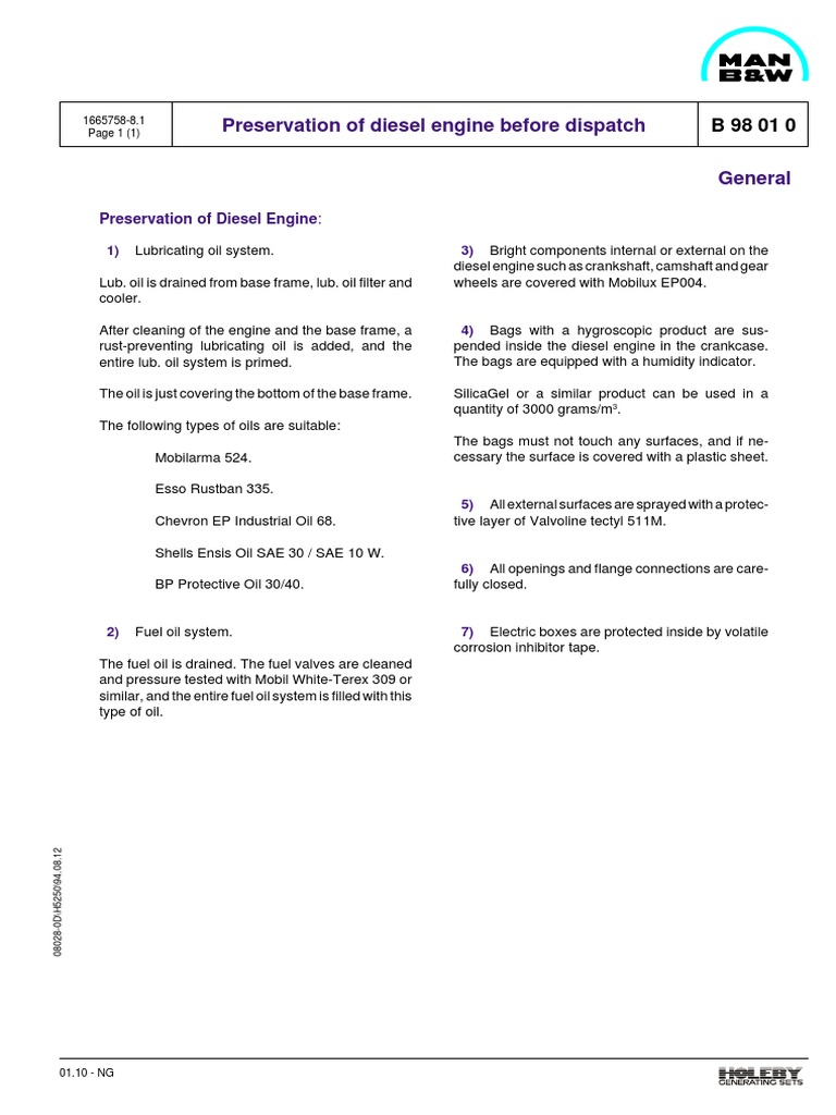 Preservation of Diesel Engine Before Dispatch | PDF