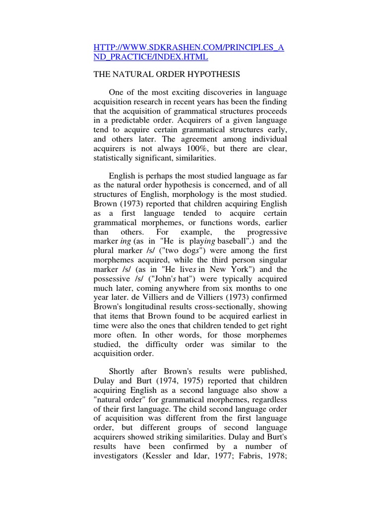 Natural Order Hypothesis Second Language Language Acquisition