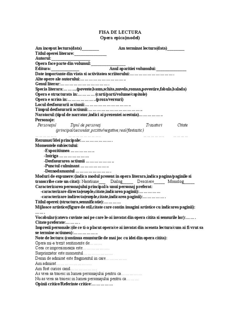 Model Fisa De Lectura Liceu Fisa de Lectura | PDF
