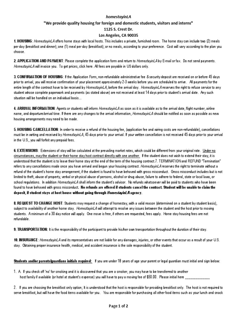 Homestay - Contract-For Website | PDF | Fee | Insurance