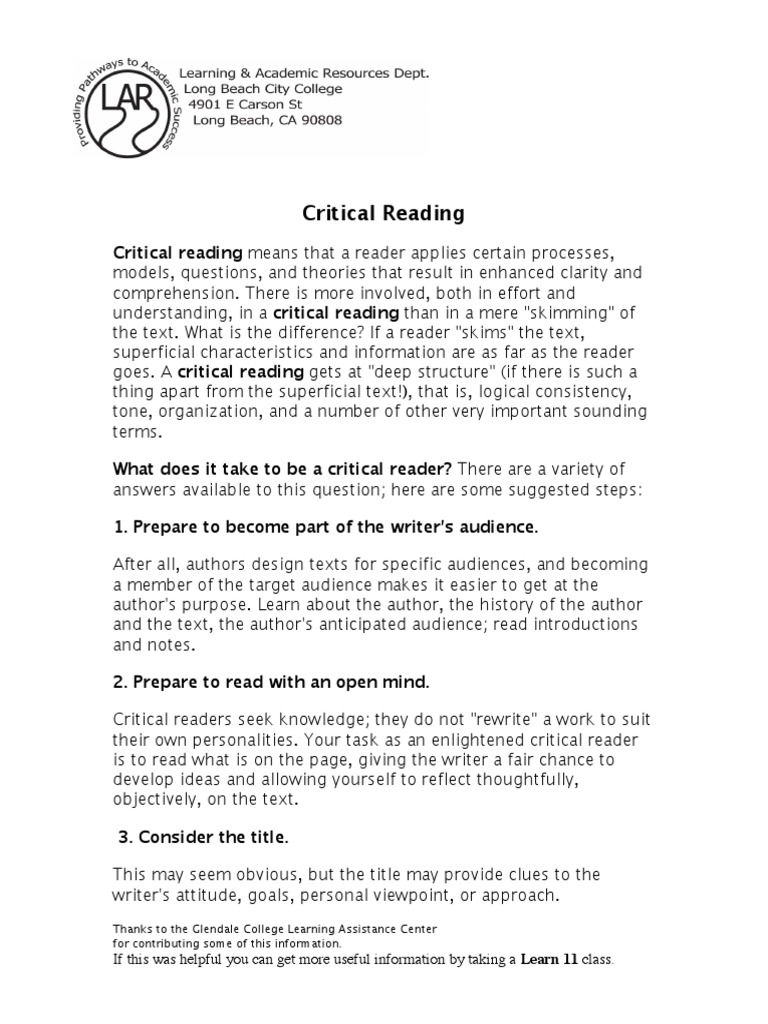 Critical Reading: Critical Reading Means That A Reader Applies Certain ...