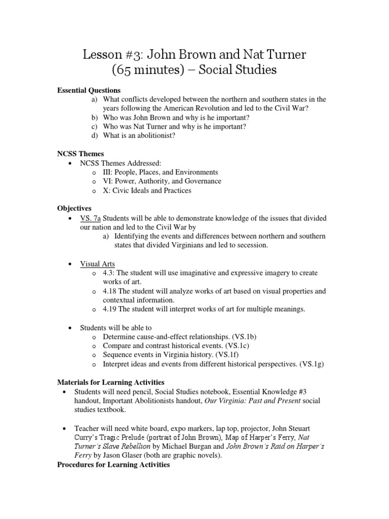 John Brown and Nat Turner Lesson Plan | PDF | John Brown (Abolitionist ...