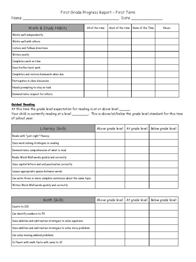 First Grade Progress Report: Term 1 | PDF | Language Arts & Discipline ...