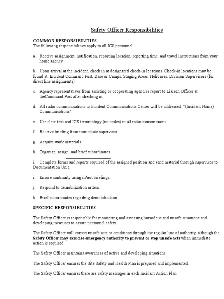 Safety Officer Responsibilities | Pdf | Incident Command System | Emergency