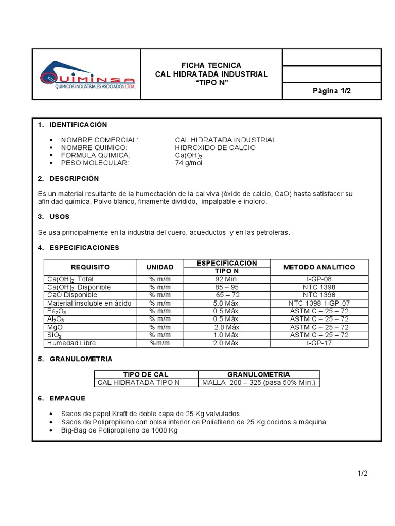 Ficha Tecnica Cal Hidratada Tipo N Version 05 PDF