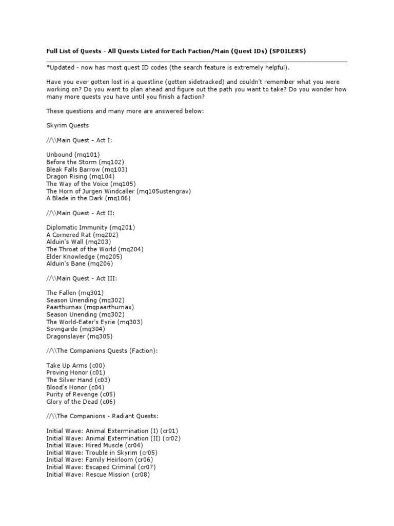 Full List Of Quest Games