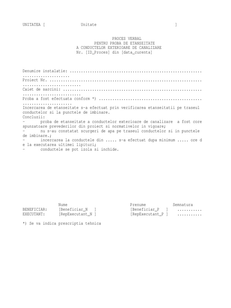 Proces Verbal Pentru Proba De Etanseitate A Conductelor Exterioare De Canalizare