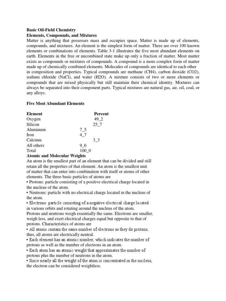 Basic OilField Chemistry Elements, Compounds, and Mixtures PDF Ion Atoms