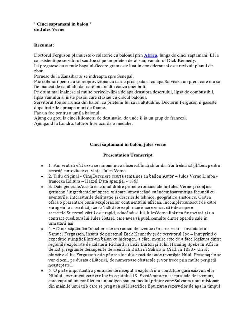 Rezumat 5 Saptamini Intrun Balon | PDF