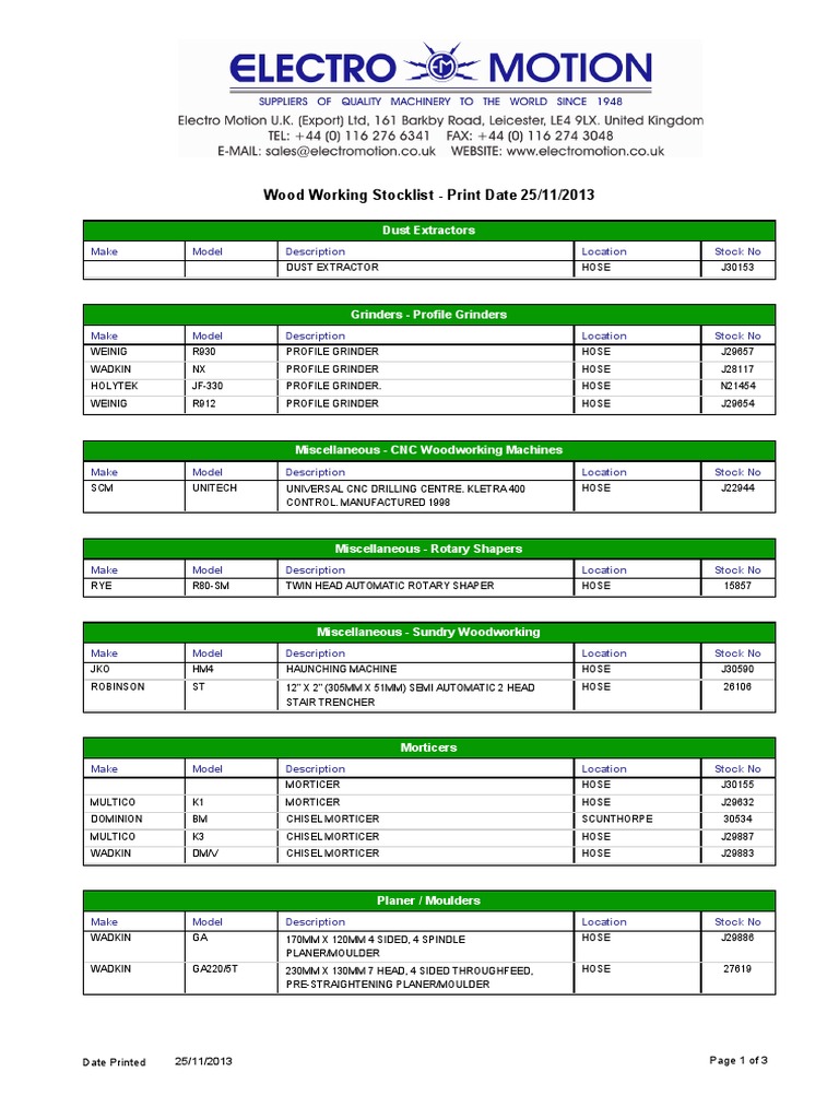 Woodworking Machinery Stocklist 2013 | PDF | Woodworking | Tools
