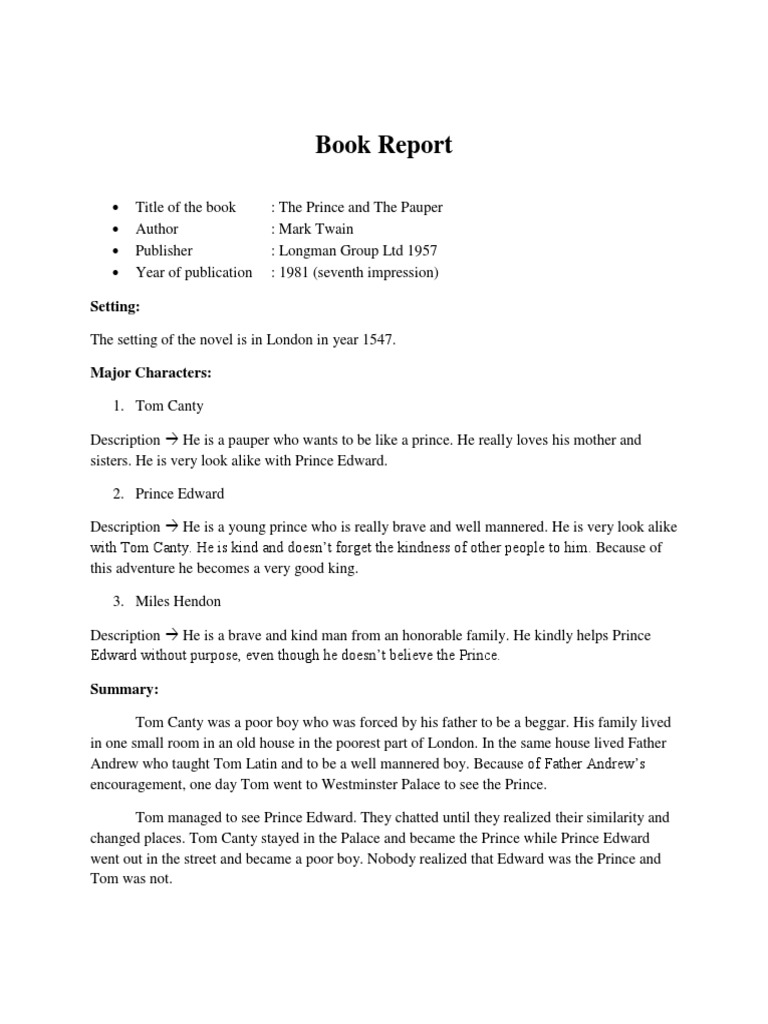 Book Report | PDF | The Prince And The Pauper | Novels