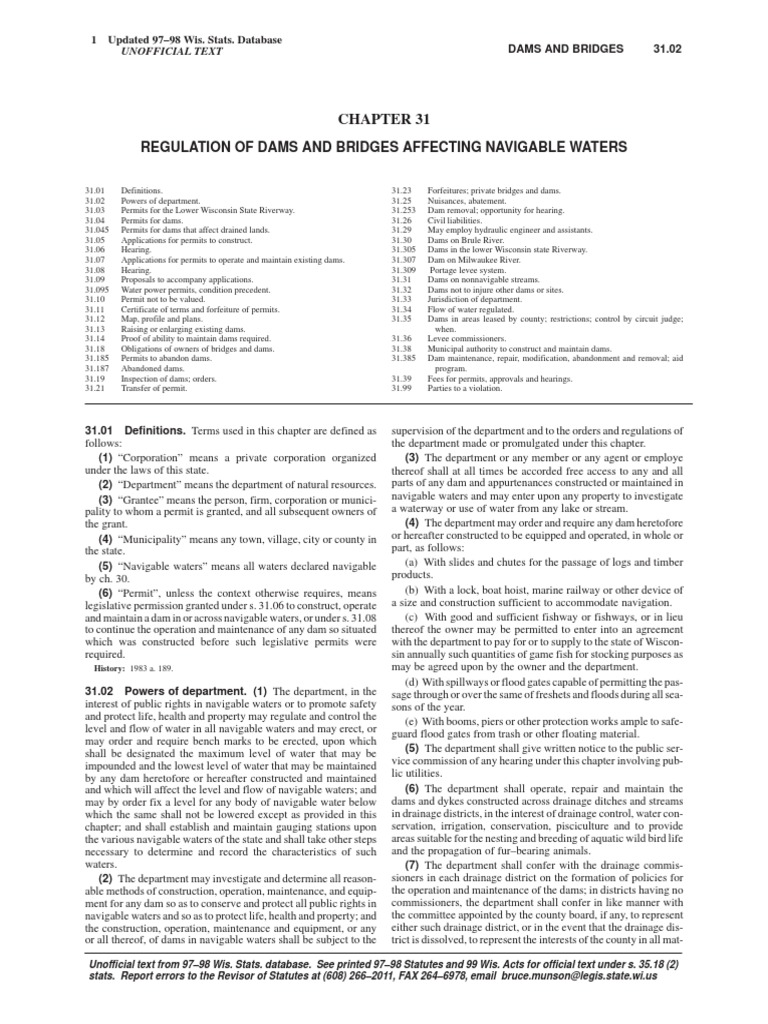 Regulation of Dams and Bridges Affecting Navigable Waters: Unofficial ...