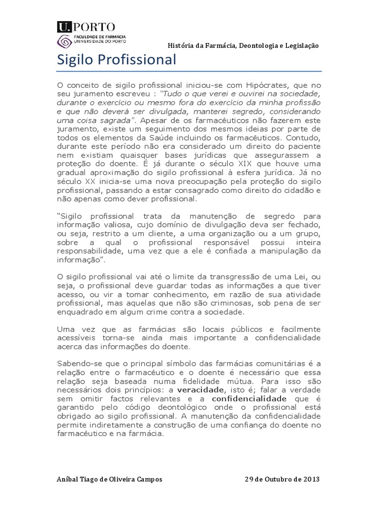 Sigilo Profissional PDF Farmacêutico Confiança (emoção)