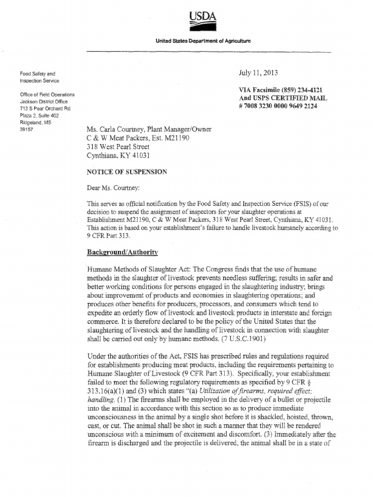 C & W Meat Packers Carly Courtney Cynthiana KY Notice of Suspension ...
