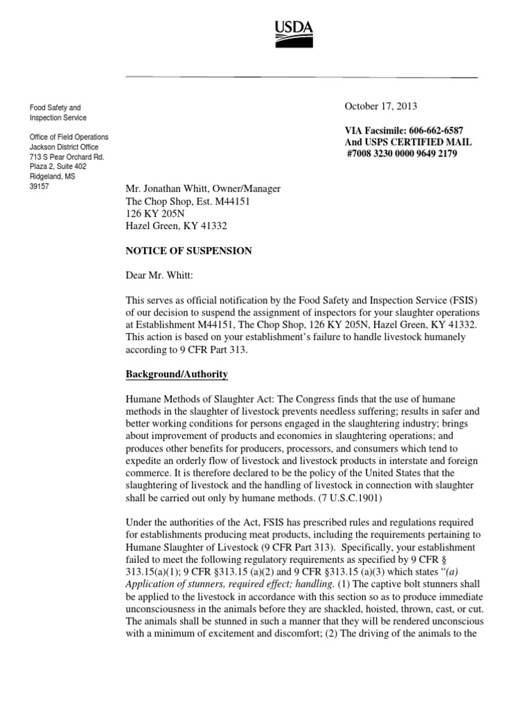 The Chop Shop Hazel Green KY USDA Notice of Suspension Inhumane ...