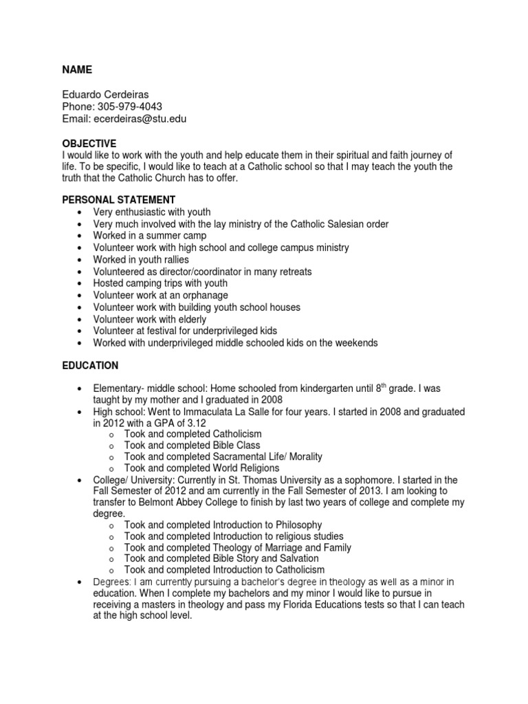 Ej CV PDF Secondary School Catholic Church