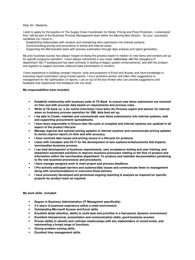 Sample Cover Letter | Business Process | Product Lifecycle