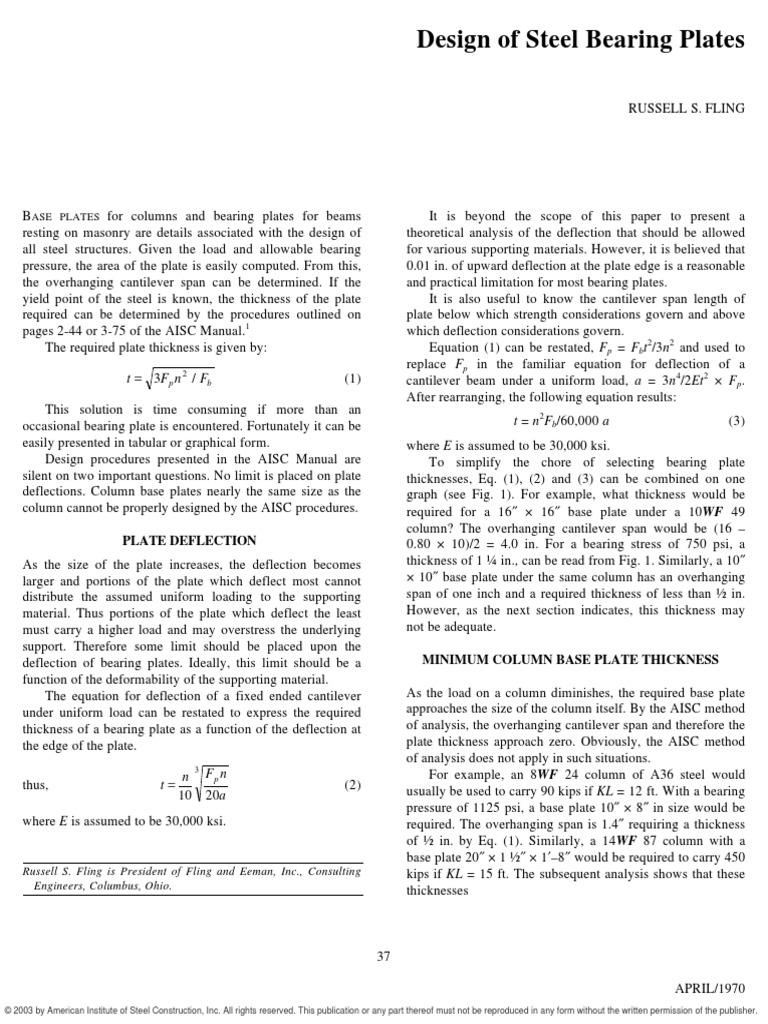 Design of Steel Bearing Plates Plate Deflection PDF Structural