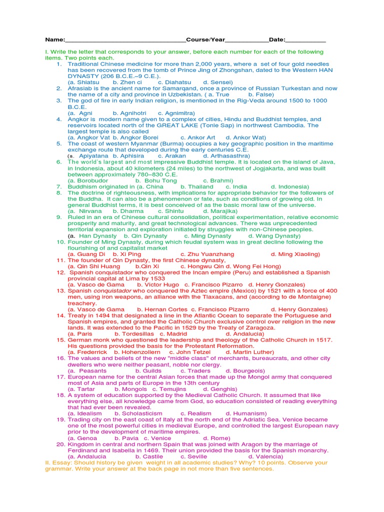 Final Exam World Hist I PDF Angkor Spain