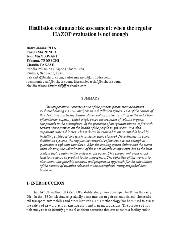 Distillation Columns Risk Assessment When The Regular Hazop Evaluation