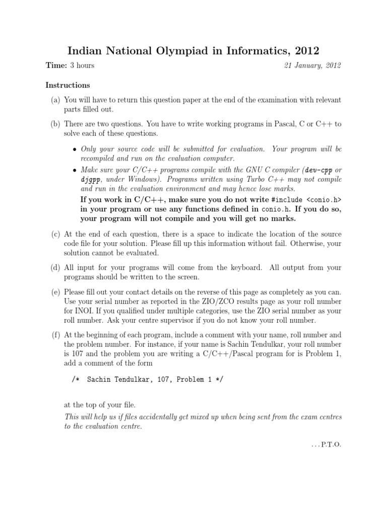 INOI 2012 Question Paper | PDF | Input/Output | C (Programming Language)