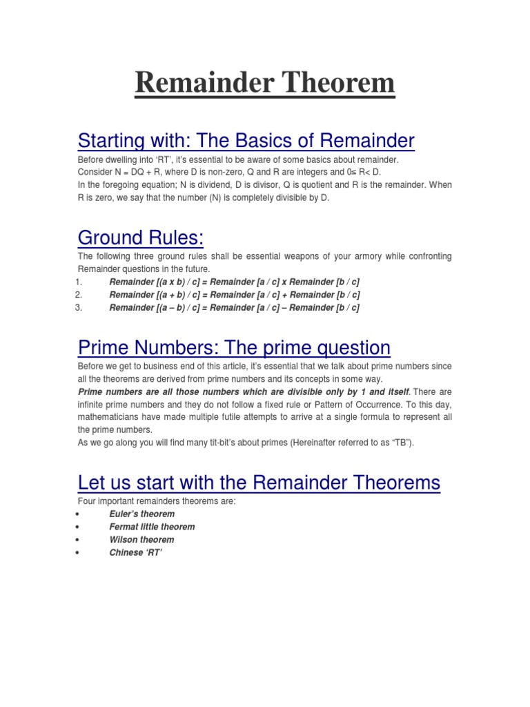 Remainder Theorem and Its Applications | PDF | Prime Number | Algebra