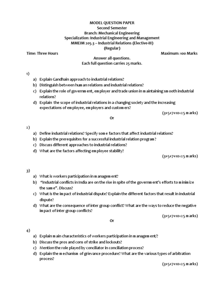 Industrial Relations Model Question Paper | PDF | Industrial Relations ...