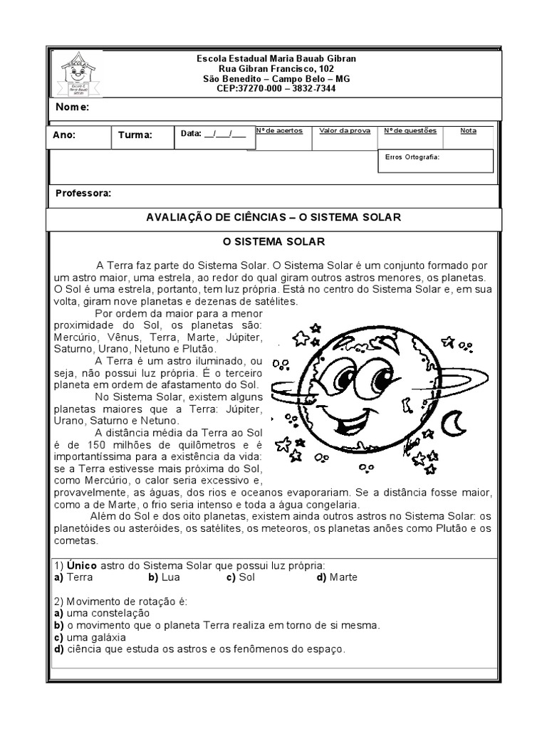 Avaliação sobre o Sistema Solar 4º Ano | PDF | Sistema Solar | Terra