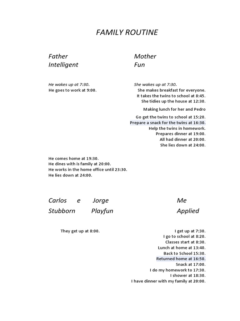 Family Daily Routine Overview | PDF | Cooking, Food & Wine | Language ...
