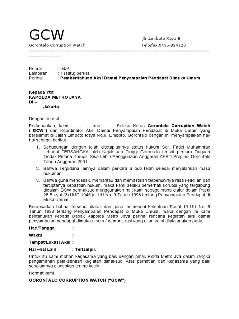 Contoh Surat Pemberitahuan Aksi Doc